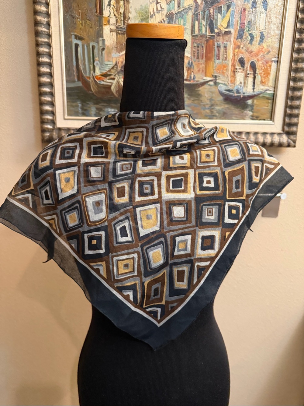 VINTAGE SCARF Geometric Black Brown Sheer Light Weight Quiet Luxury Square 70’s